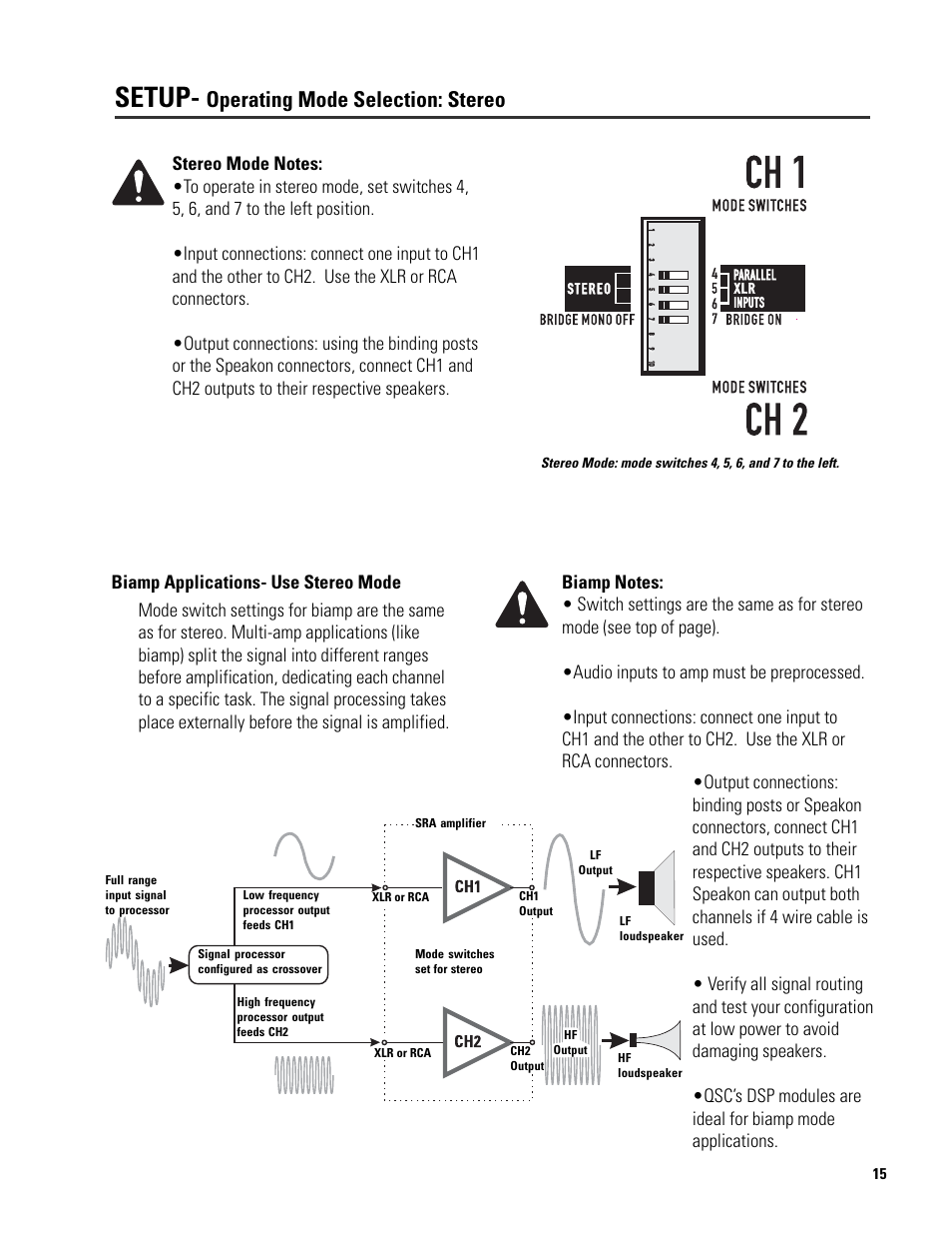 Setup, Operating mode selection: stereo | QSC Audio SRA 2422 User Manual | Page 15 / 40