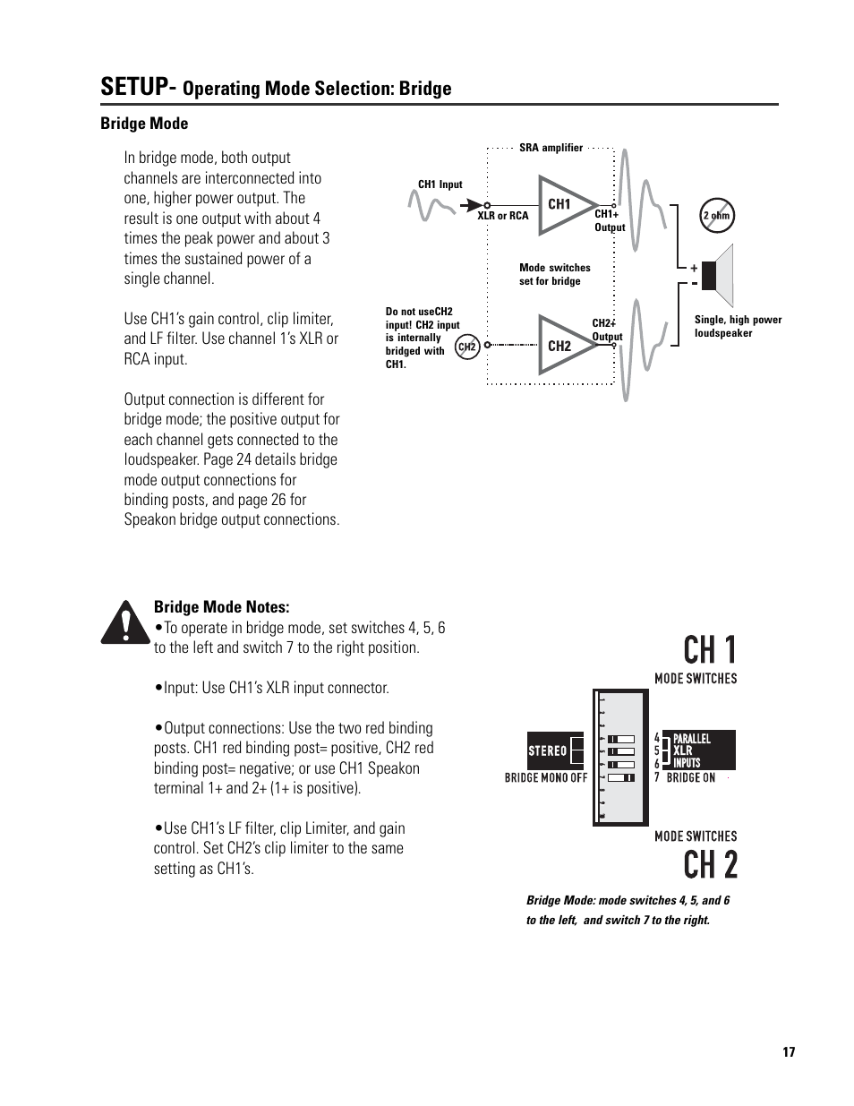 Setup, Operating mode selection: bridge | QSC Audio SRA 2422 User Manual | Page 17 / 40