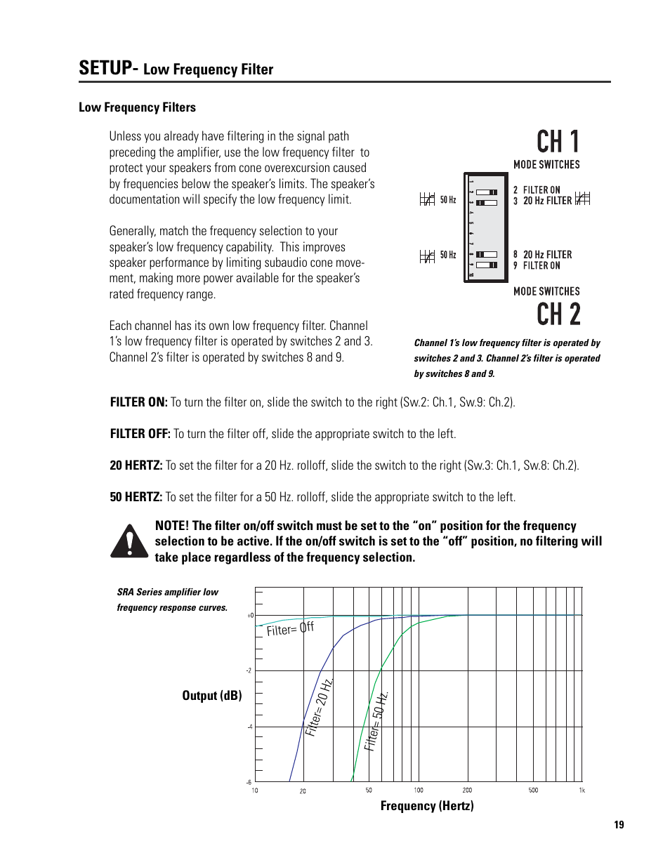 Setup, Low frequency filter | QSC Audio SRA 2422 User Manual | Page 19 / 40