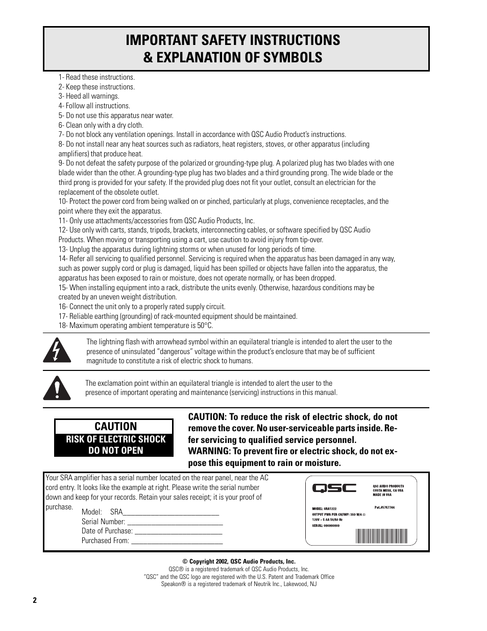 Caution | QSC Audio SRA 2422 User Manual | Page 2 / 40