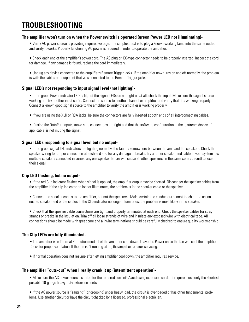 Troubleshooting | QSC Audio SRA 2422 User Manual | Page 34 / 40