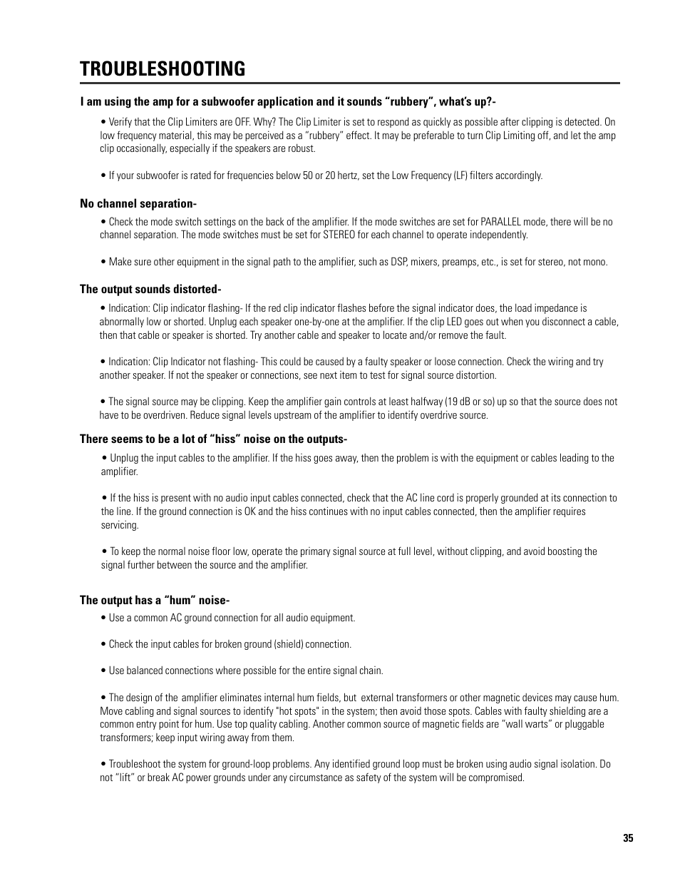 Troubleshooting | QSC Audio SRA 2422 User Manual | Page 35 / 40