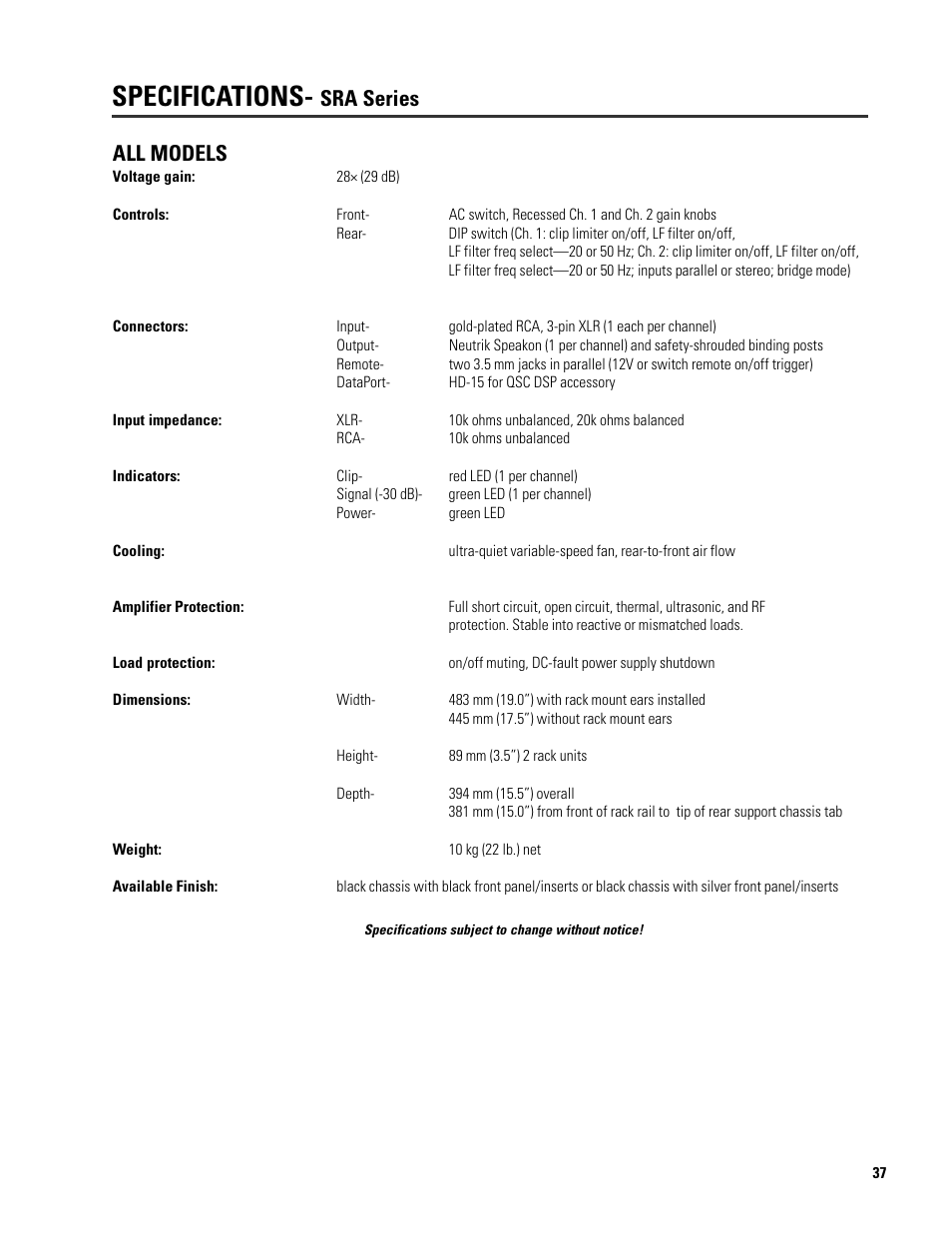 Specifications, Sra series, All models | QSC Audio SRA 2422 User Manual | Page 37 / 40