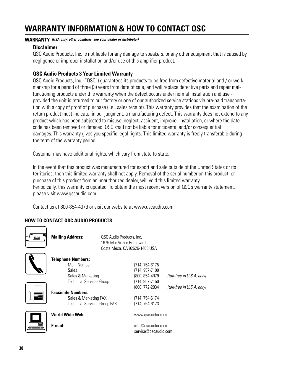 Warranty information & how to contact qsc | QSC Audio SRA 2422 User Manual | Page 38 / 40