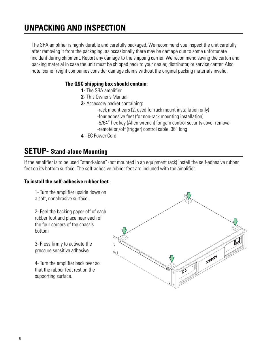 Unpacking and inspection setup | QSC Audio SRA 2422 User Manual | Page 6 / 40