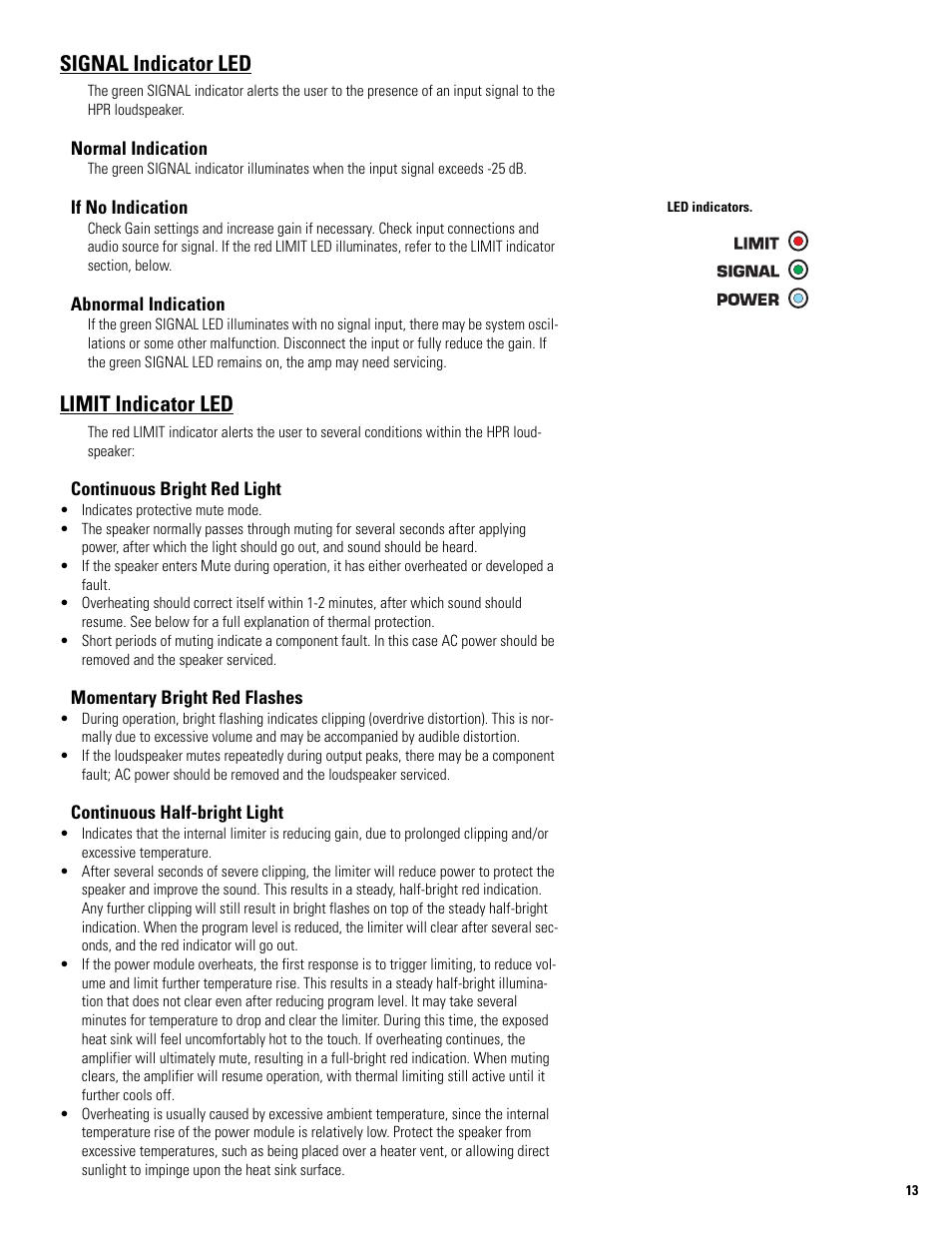 Signal indicator led, Limit indicator led | QSC Audio HPR122i User Manual | Page 13 / 116