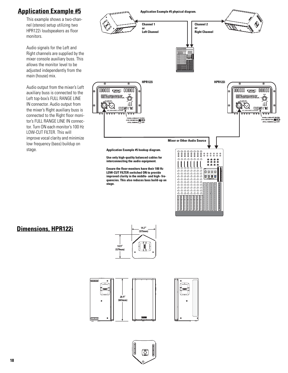 Application example #5, Dimensions, hpr122i | QSC Audio HPR122i User Manual | Page 18 / 116