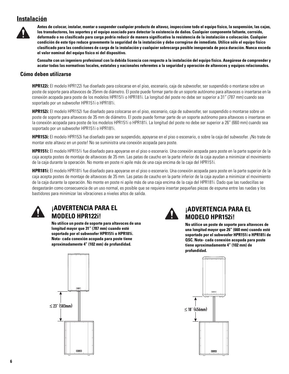 Instalación, Advertencia para el modelo hpr122i, Advertencia para el modelo hpr152i | QSC Audio HPR122i User Manual | Page 29 / 116