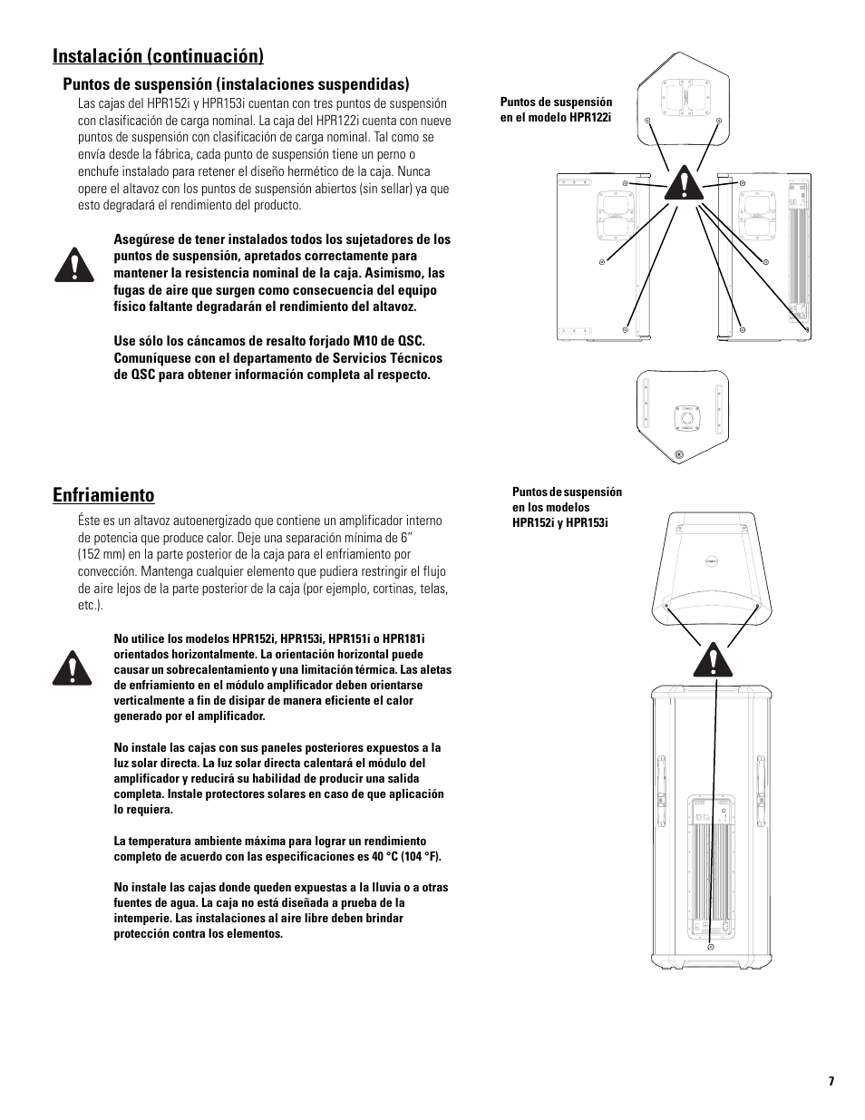 Instalación (continuación), Enfriamiento | QSC Audio HPR122i User Manual | Page 30 / 116