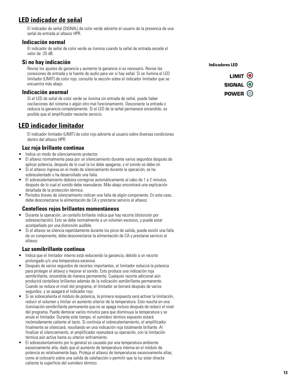 Led indicador de señal, Led indicador limitador | QSC Audio HPR122i User Manual | Page 36 / 116