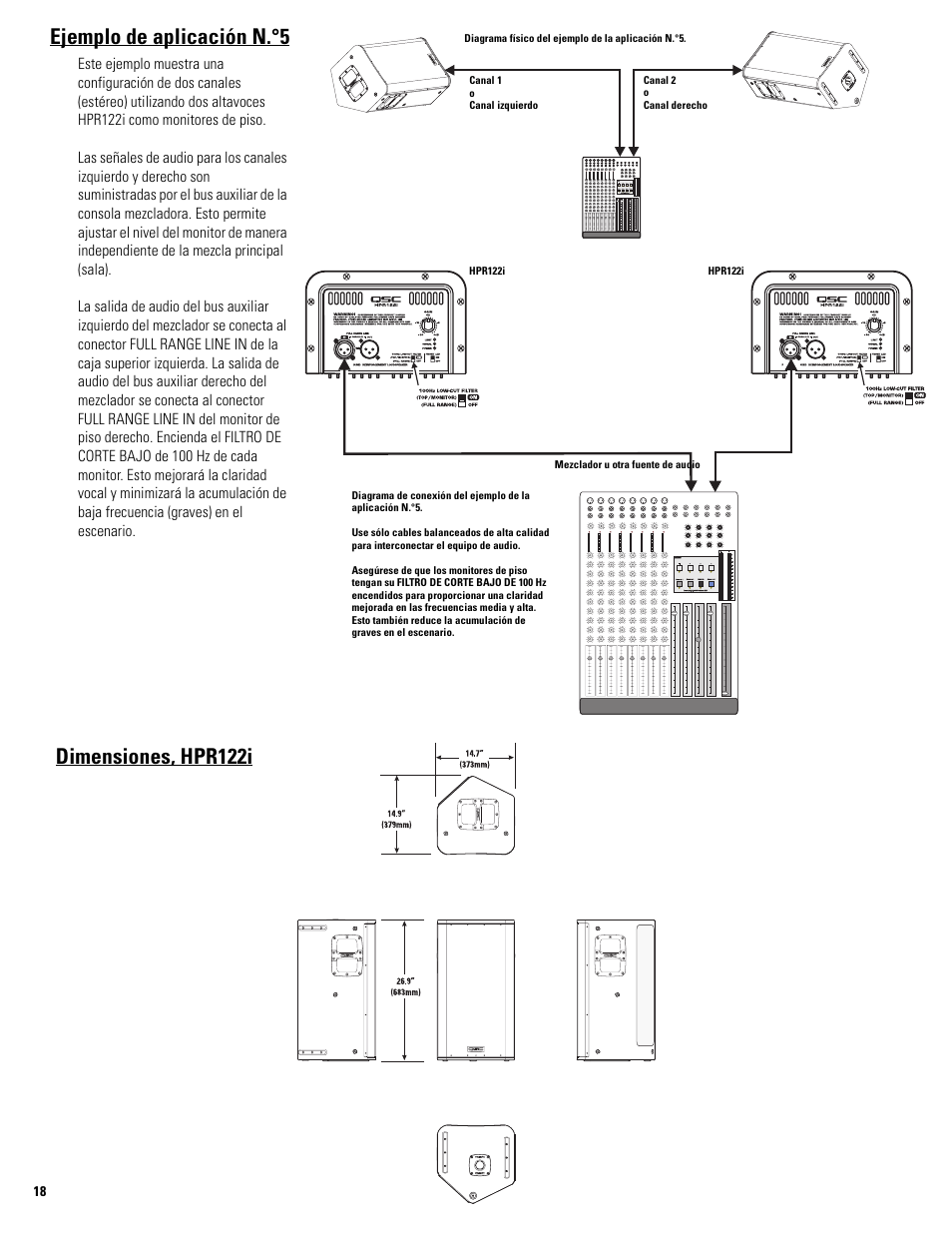 Ejemplo de aplicación n.°5, Dimensiones, hpr122i | QSC Audio HPR122i User Manual | Page 41 / 116