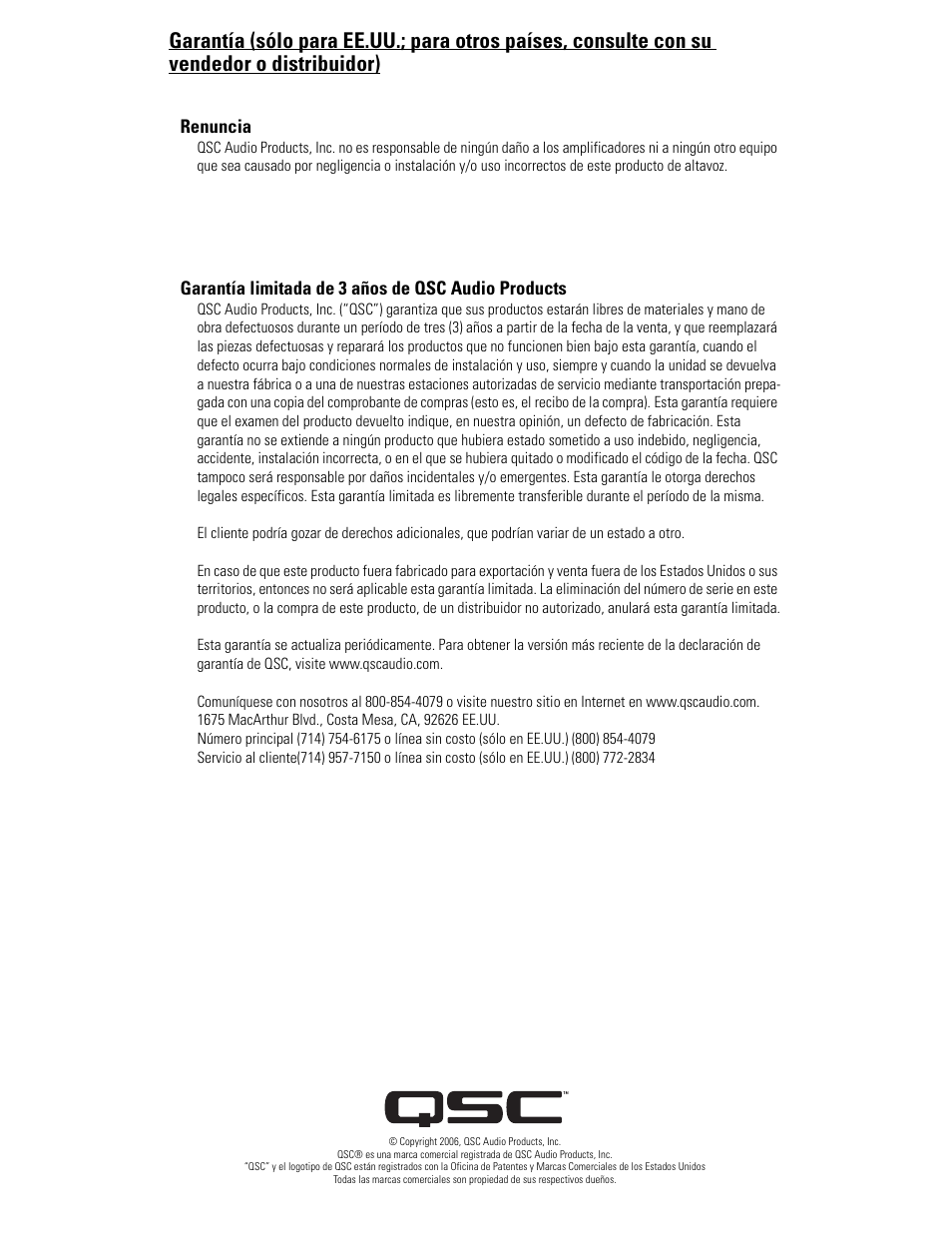 Renuncia, Garantía limitada de 3 años de qsc audio products | QSC Audio HPR122i User Manual | Page 47 / 116