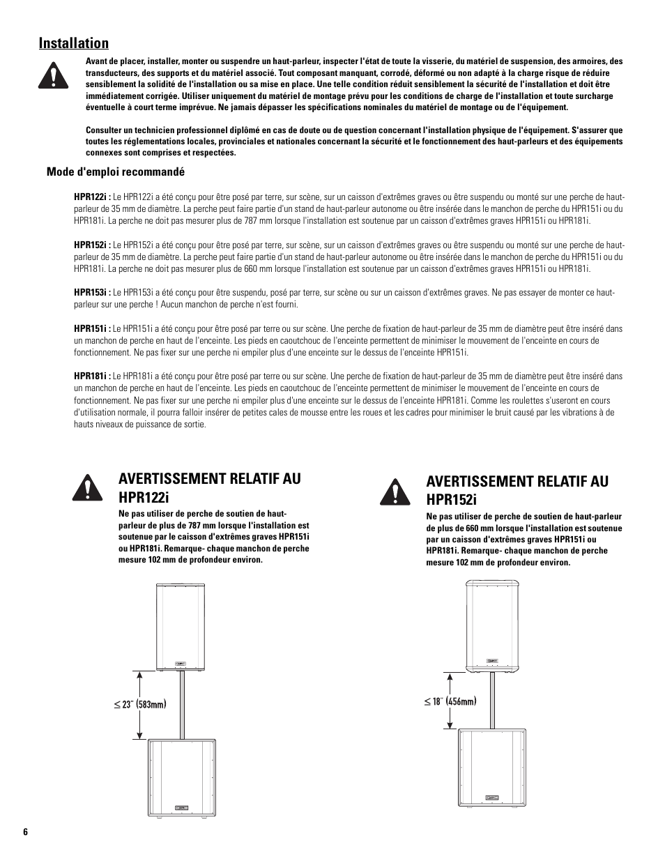 Installation, Avertissement relatif au hpr122i, Avertissement relatif au hpr152i | QSC Audio HPR122i User Manual | Page 52 / 116