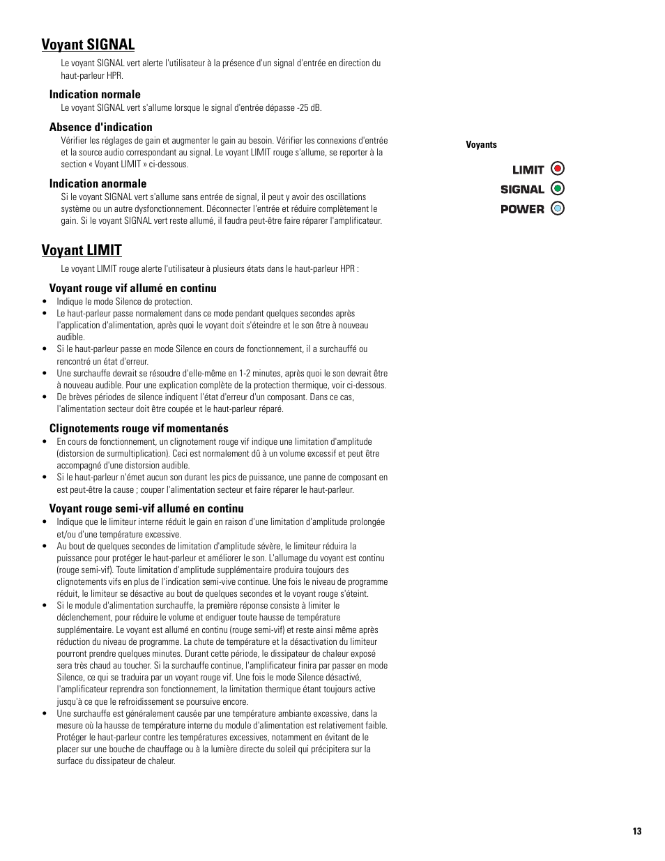 Voyant signal, Voyant limit | QSC Audio HPR122i User Manual | Page 59 / 116