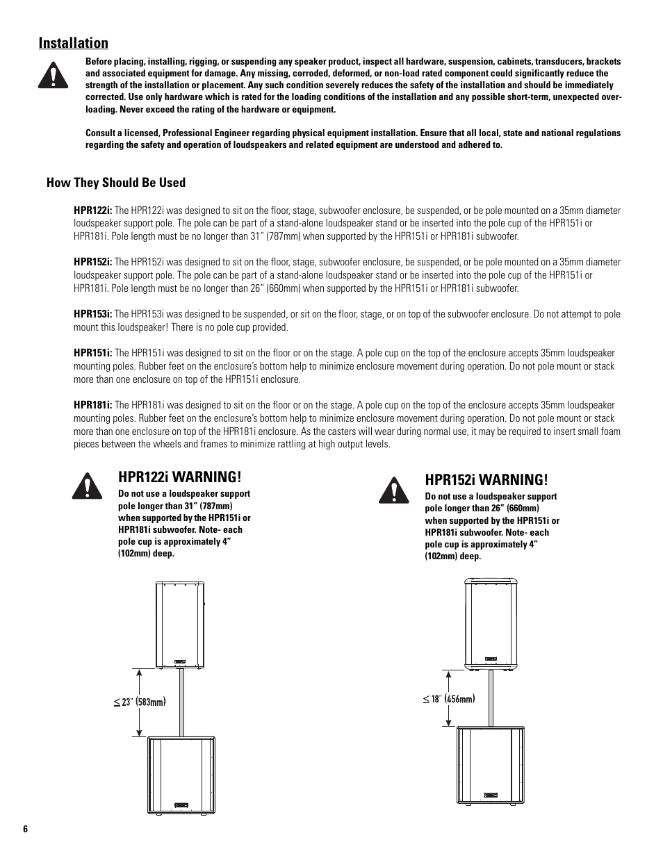 Installation, Hpr122i warning, Hpr152i warning | QSC Audio HPR122i User Manual | Page 6 / 116