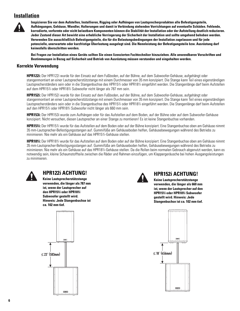 Installation, Hpr122i achtung, Hpr152i achtung | QSC Audio HPR122i User Manual | Page 75 / 116