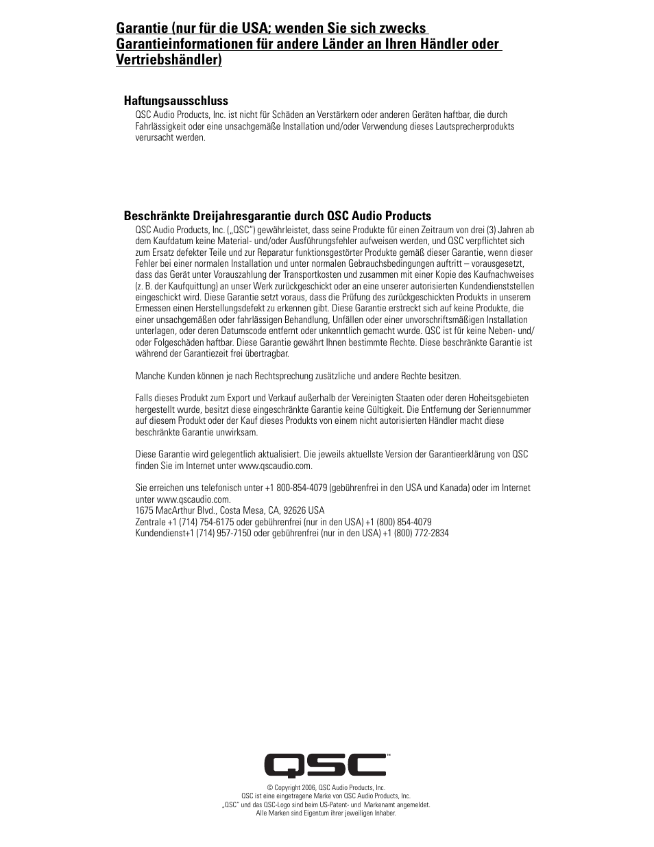 Haftungsausschluss | QSC Audio HPR122i User Manual | Page 93 / 116