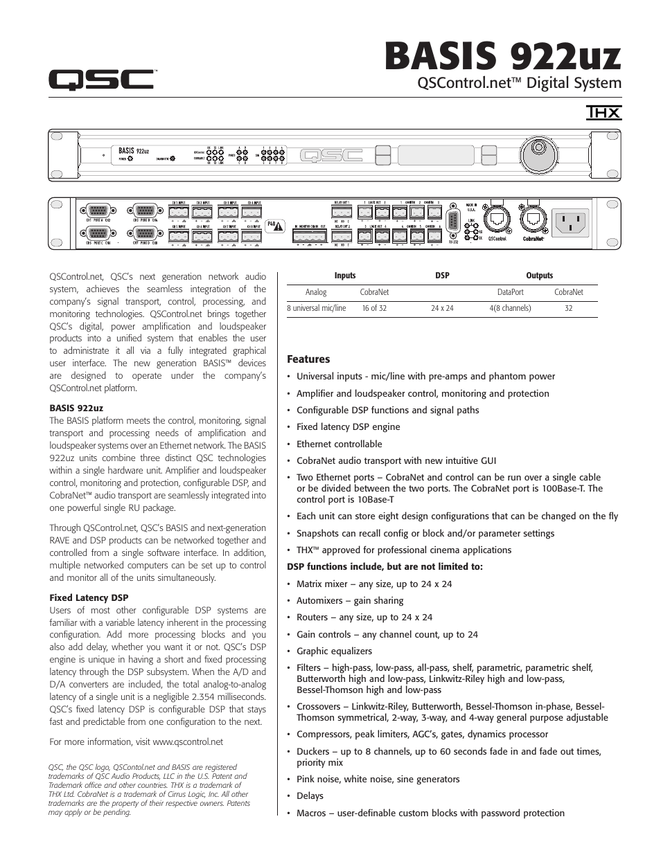 QSC Audio BASIS 922uz User Manual | 2 pages