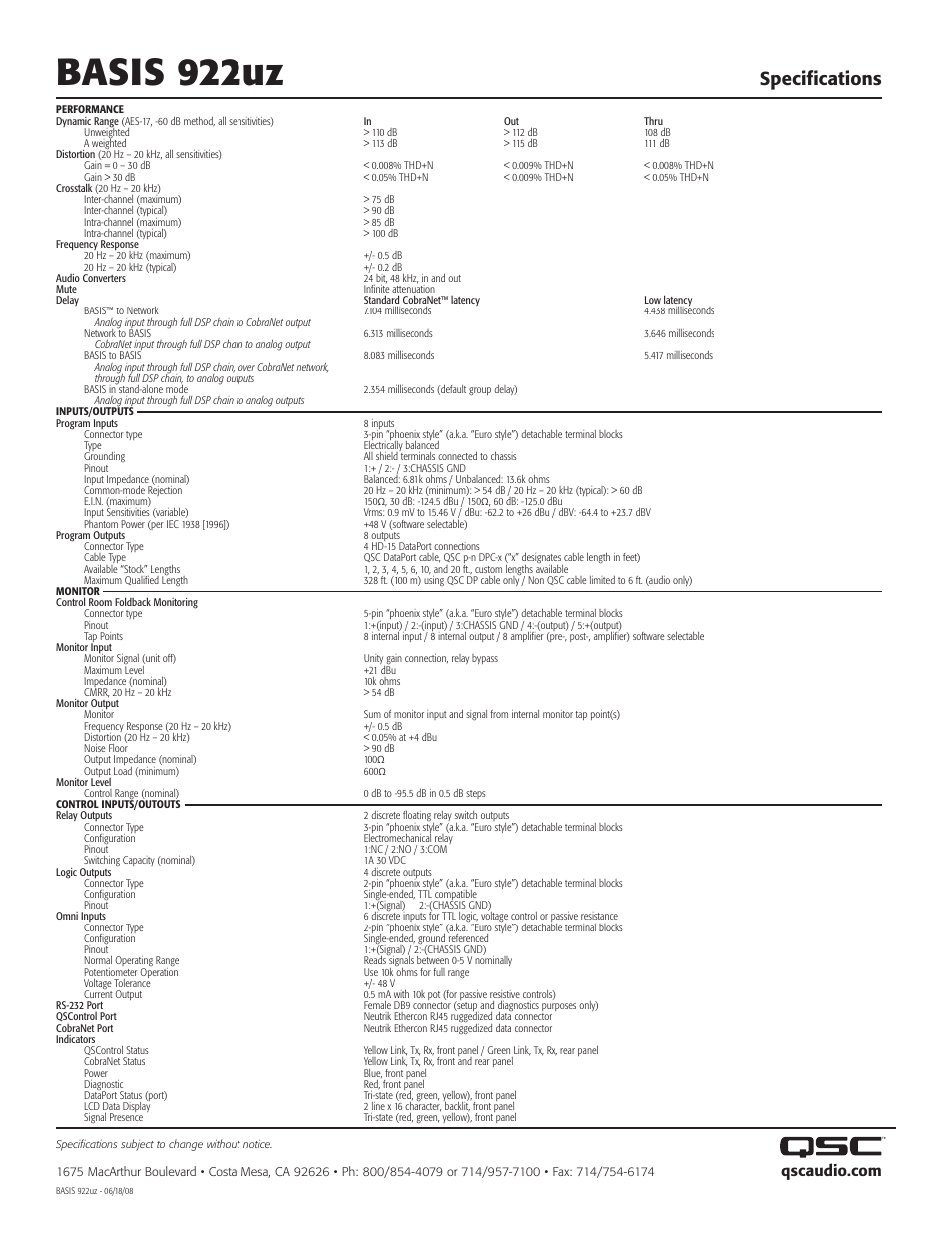 Basis 922uz, Specifications | QSC Audio BASIS 922uz User Manual | Page 2 / 2
