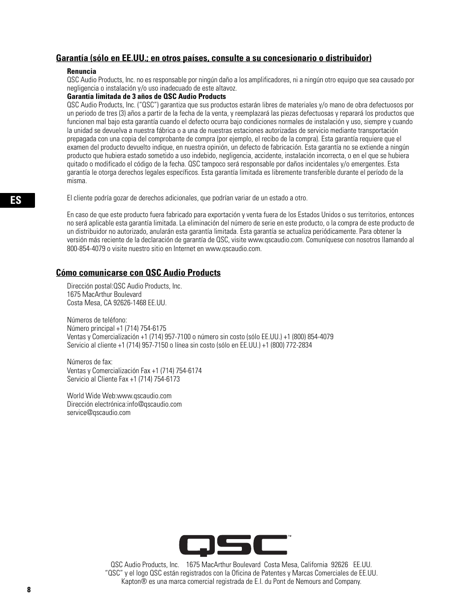 Cómo comunicarse con qsc audio products | QSC Audio SB-5218 User Manual | Page 10 / 22