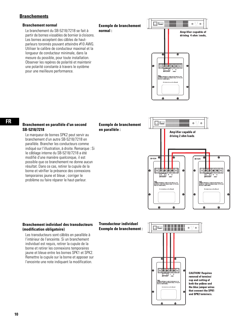 Branchements, Branchement normal, Branchement en parallèle d'un second sb-5218/7218 | QSC Audio SB-5218 User Manual | Page 12 / 22