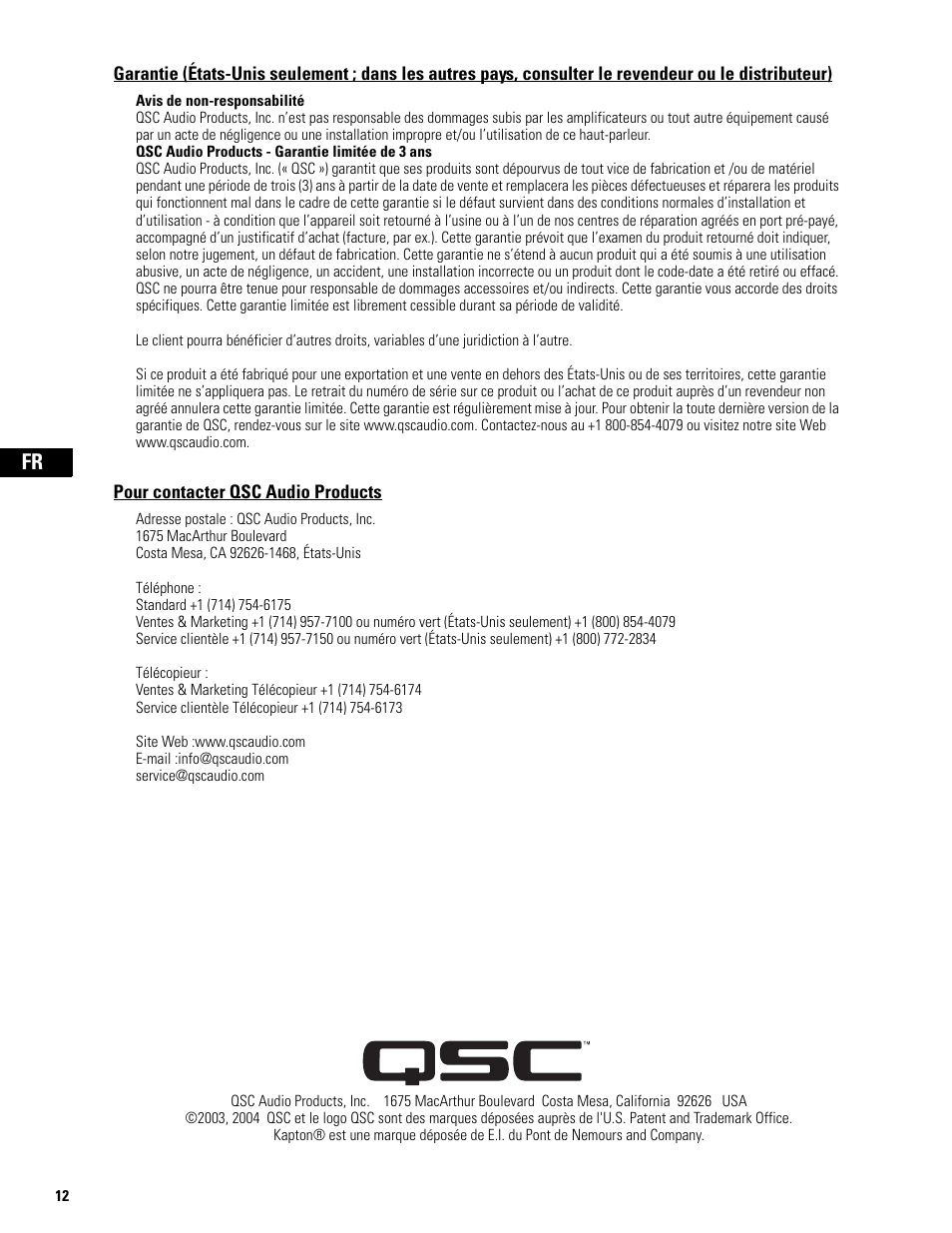 Pour contacter qsc audio products | QSC Audio SB-5218 User Manual | Page 14 / 22