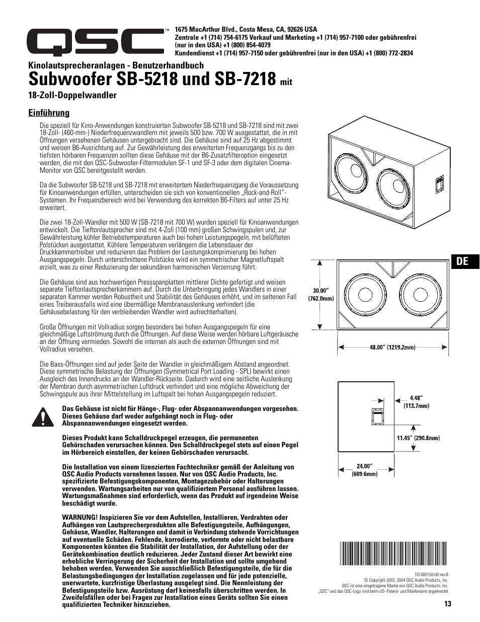 Einführung | QSC Audio SB-5218 User Manual | Page 15 / 22