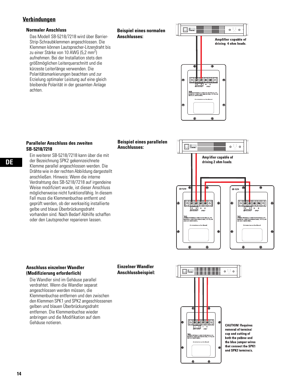 Verbindungen, Normaler anschluss, Paralleler anschluss des zweiten sb-5218/7218 | QSC Audio SB-5218 User Manual | Page 16 / 22