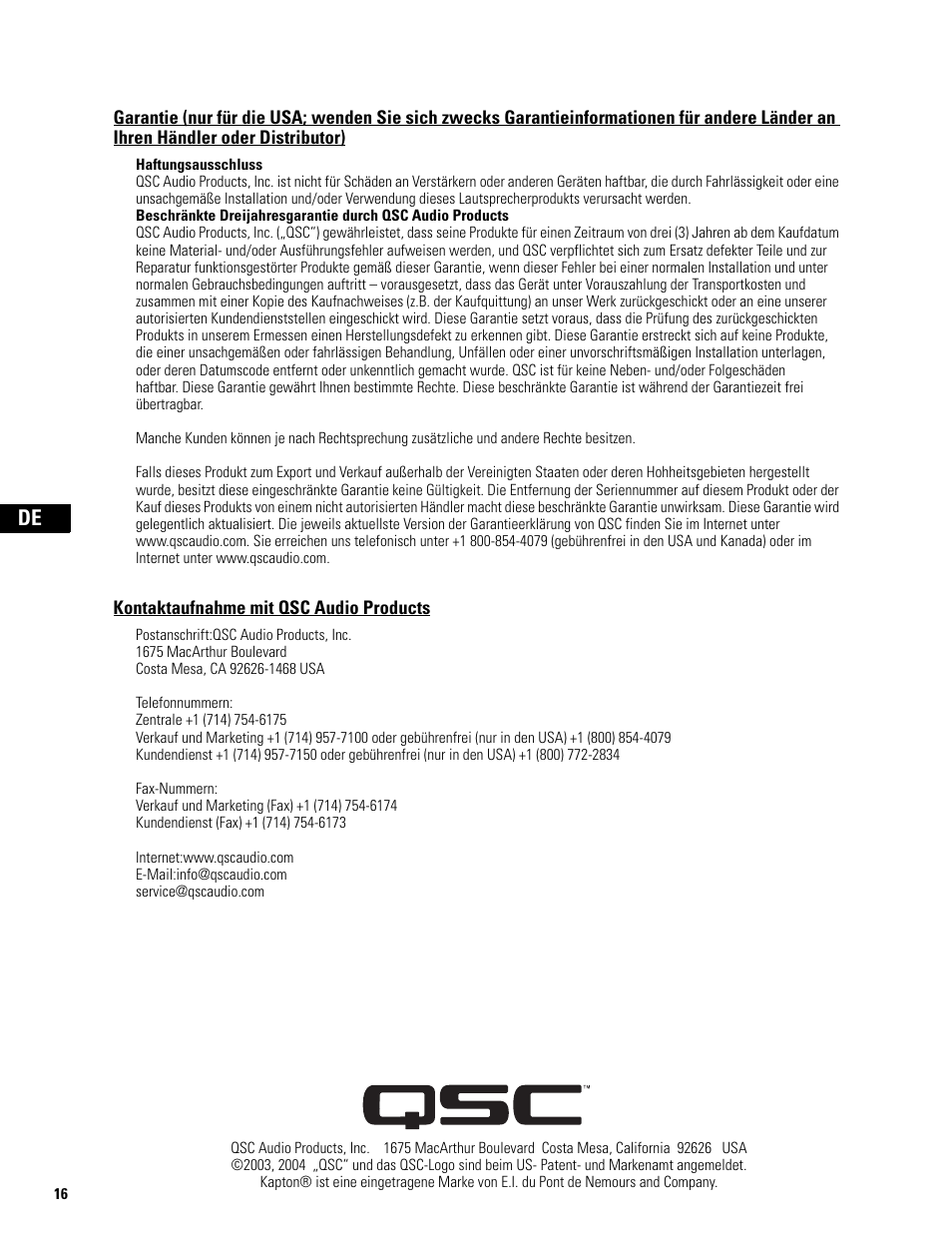 Kontaktaufnahme mit qsc audio products | QSC Audio SB-5218 User Manual | Page 18 / 22