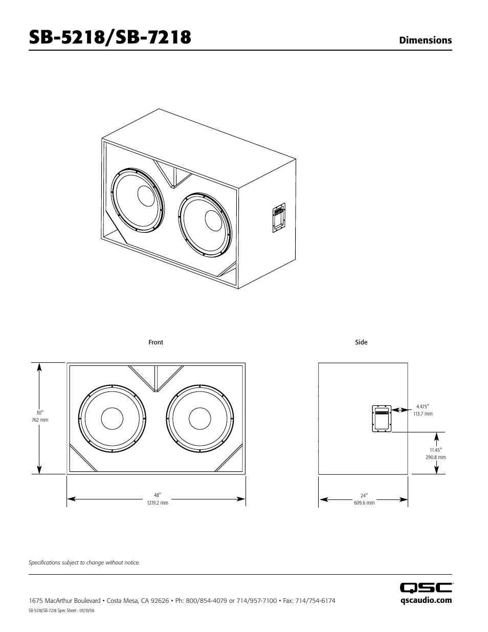 Dimensions | QSC Audio SB-5218 User Manual | Page 2 / 22