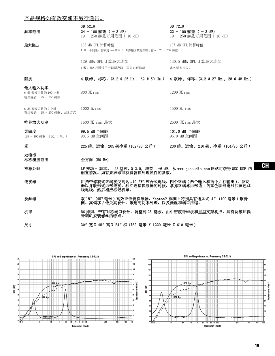 产品规格如有改变恕不另行通告 | QSC Audio SB-5218 User Manual | Page 21 / 22