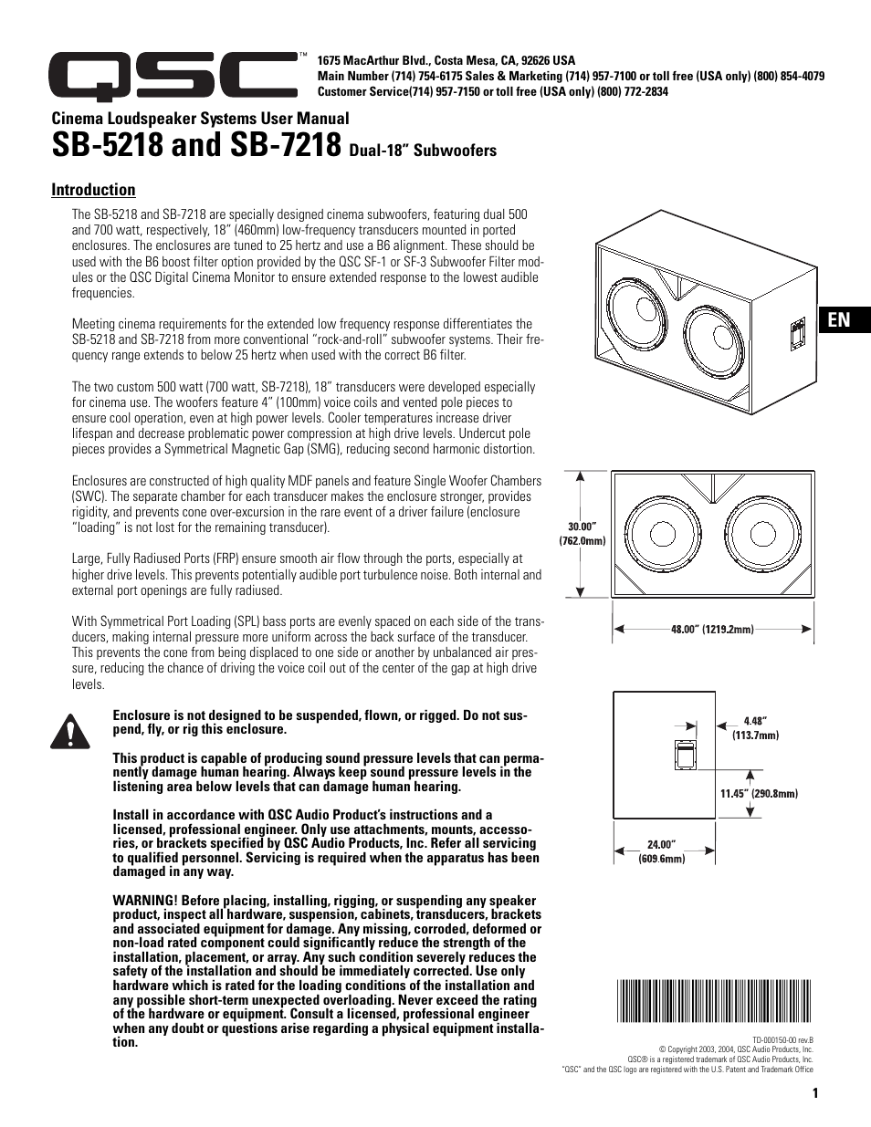 Introduction | QSC Audio SB-5218 User Manual | Page 3 / 22