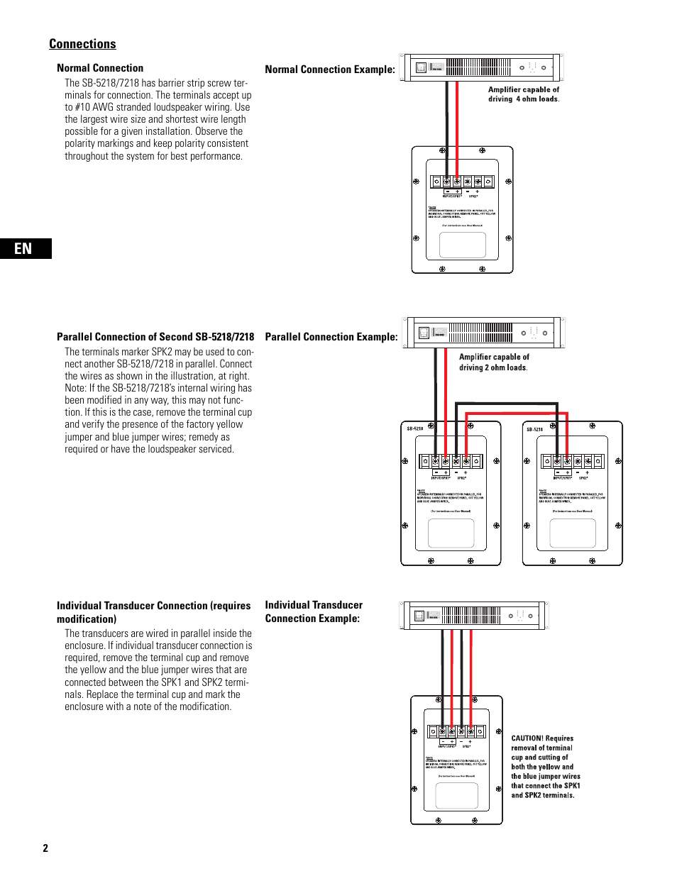 Connections, Normal connection, Parallel connection of second sb-5218/7218 | QSC Audio SB-5218 User Manual | Page 4 / 22