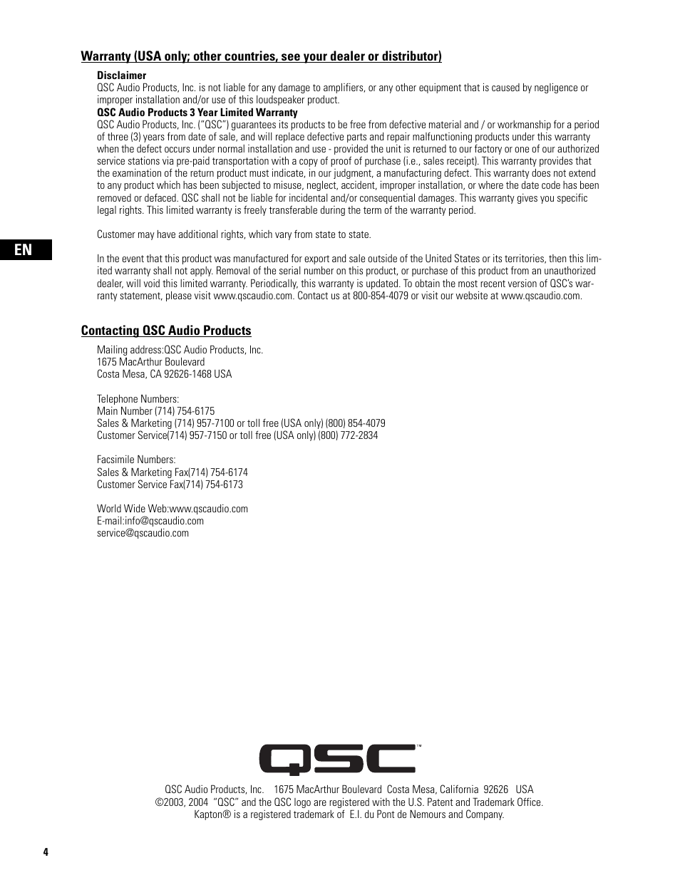 Contacting qsc audio products | QSC Audio SB-5218 User Manual | Page 6 / 22