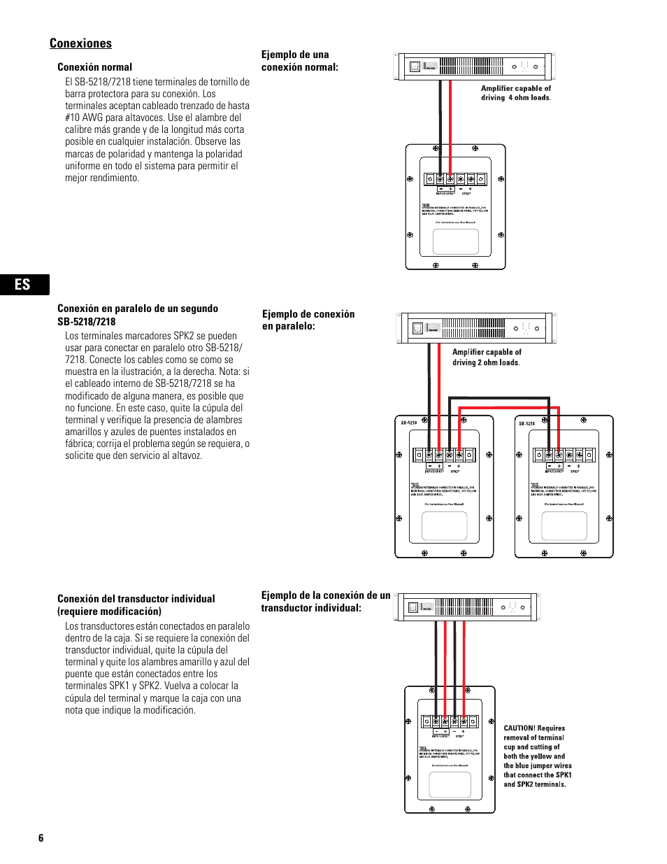 Conexiones, Conexión normal, Conexión en paralelo de un segundo sb-5218/7218 | QSC Audio SB-5218 User Manual | Page 8 / 22