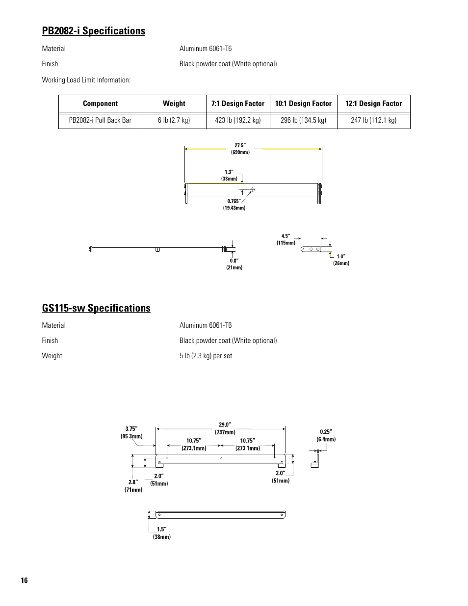 Pb2082-i specifications, Gs115-sw specifications | QSC Audio FB2082-i User Manual | Page 16 / 20