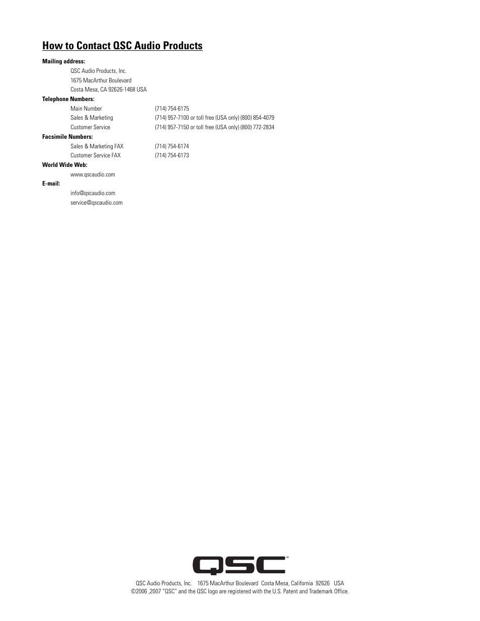 How to contact qsc audio products | QSC Audio FB2082-i User Manual | Page 20 / 20