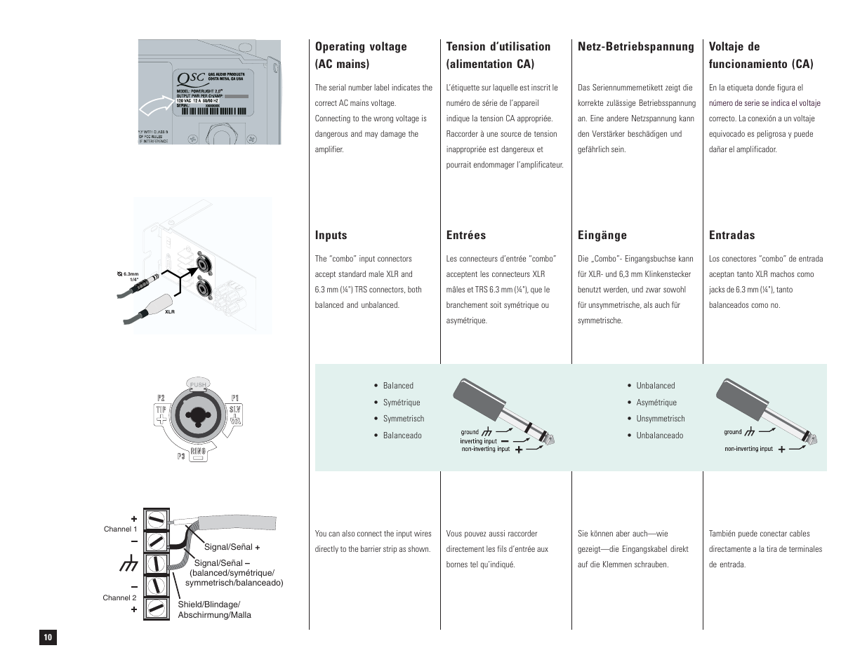 Operating voltage (ac mains), Tension d’utilisation (alimentation ca), Netz-betriebspannung | Voltaje de funcionamiento (ca), Inputs, Entrées, Eingänge, Entradas | QSC Audio PL-1.8 User Manual | Page 12 / 36