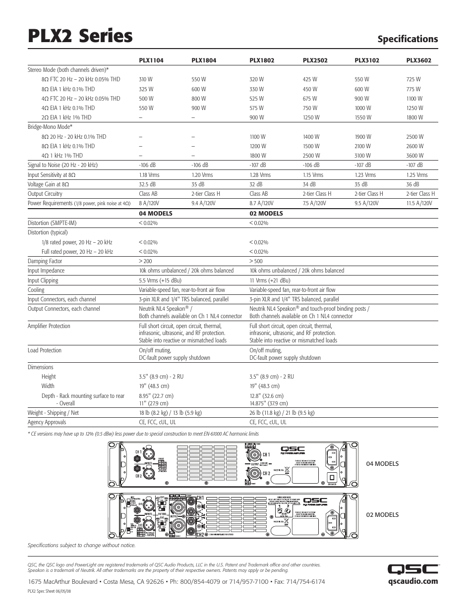 Plx2 series, Specifications | QSC Audio PLX 2502 User Manual | Page 2 / 2