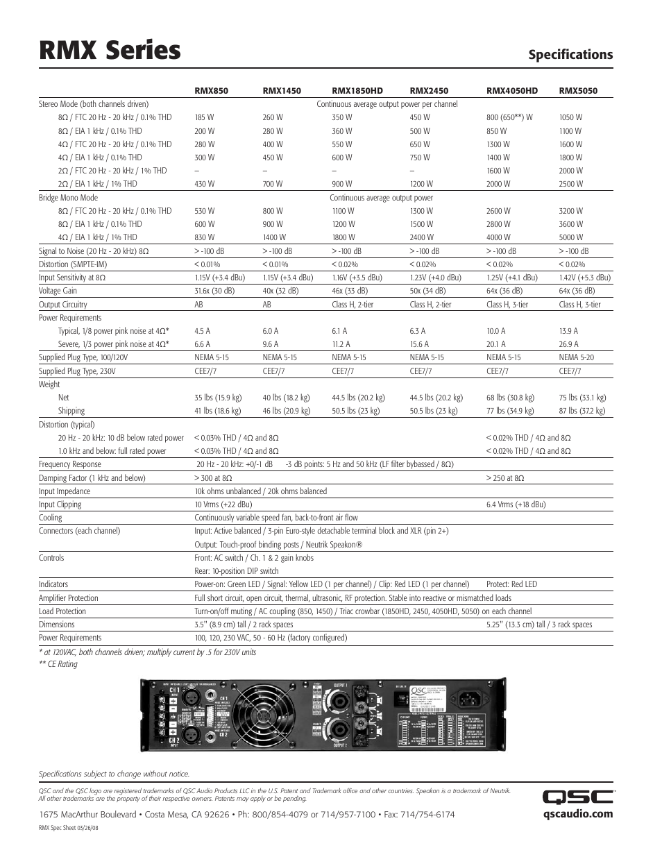 Rmx series, Specifications | QSC Audio RMX 2450 User Manual | Page 2 / 2