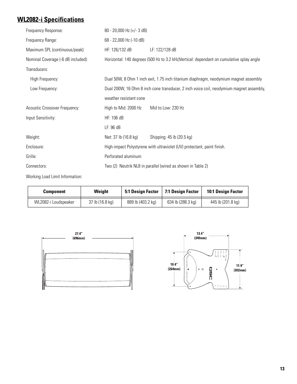 Wl2082-i specifications | QSC Audio ILA FB2082-I User Manual | Page 13 / 20