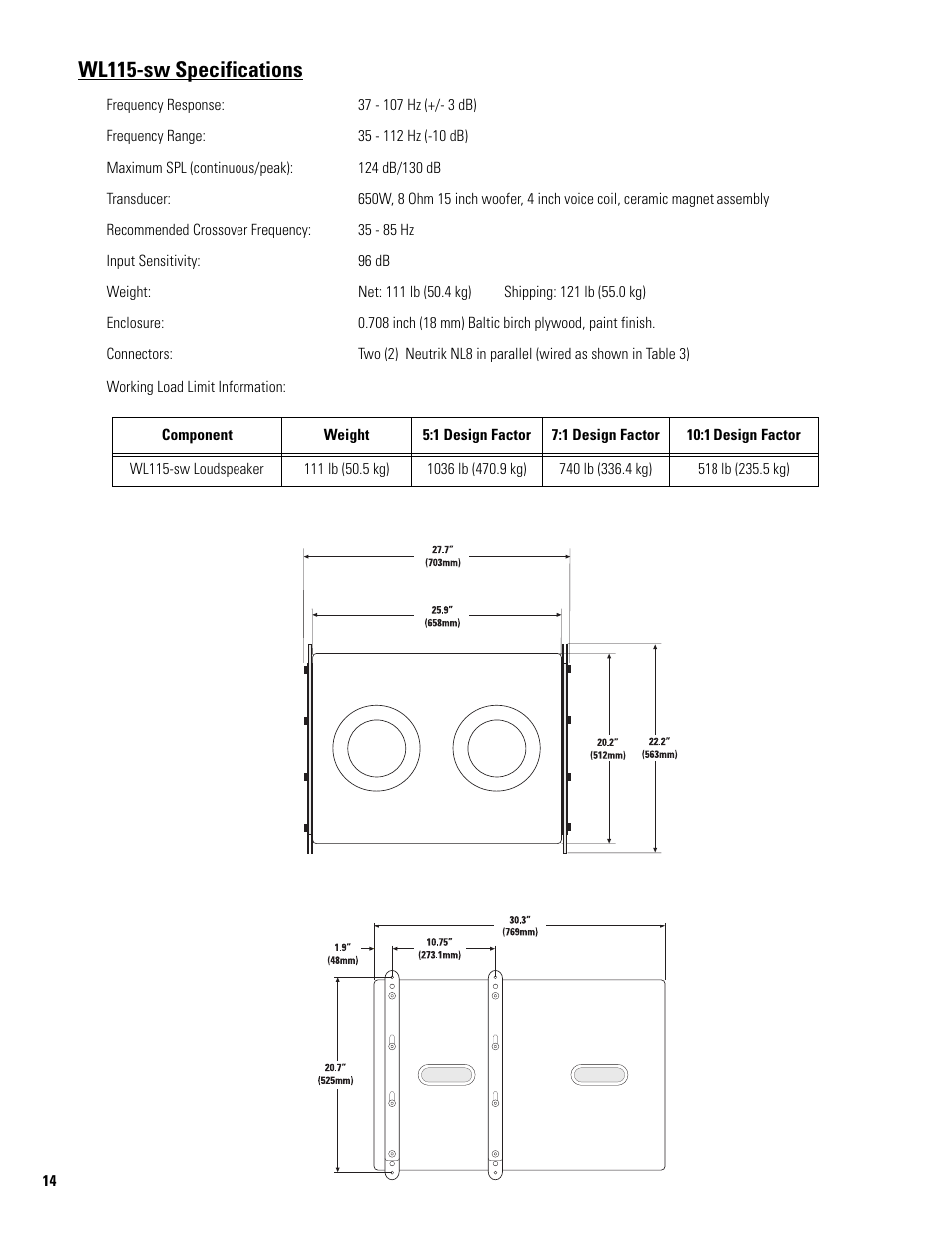 Wl115-sw specifications | QSC Audio ILA FB2082-I User Manual | Page 14 / 20