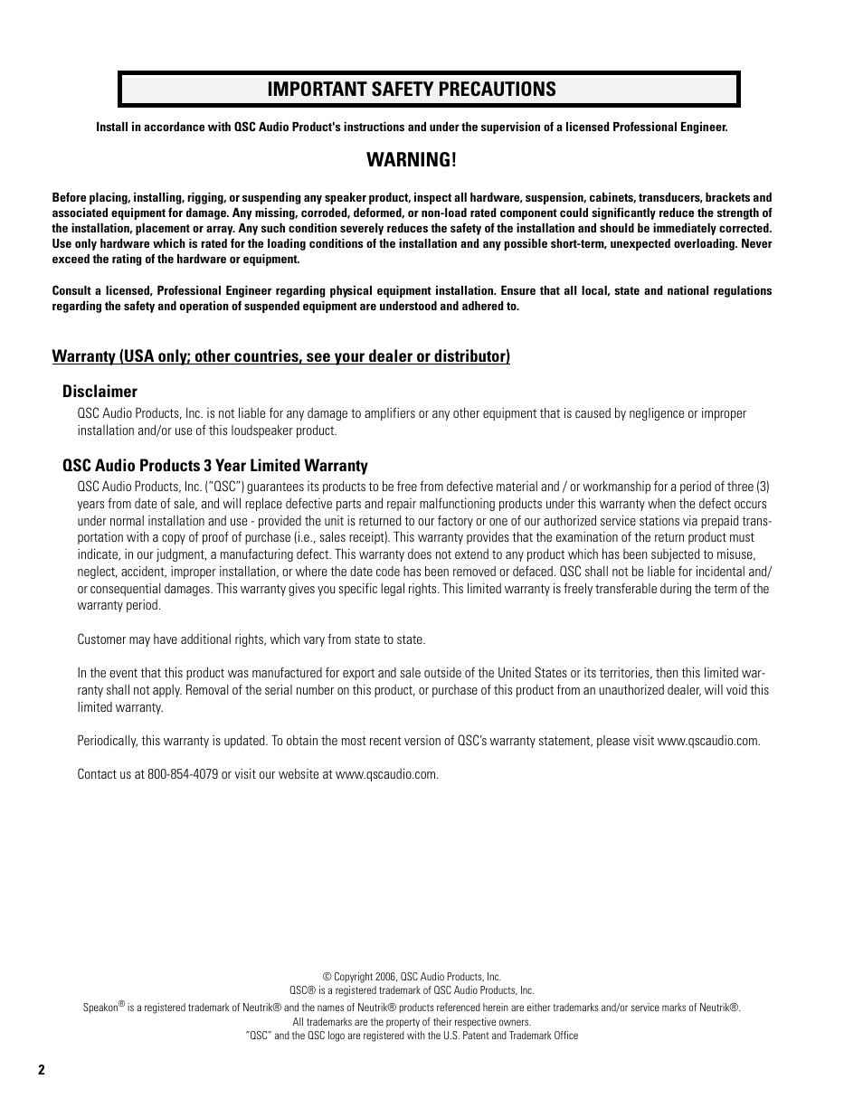 Important safety precautions, Warning | QSC Audio ILA FB2082-I User Manual | Page 2 / 20