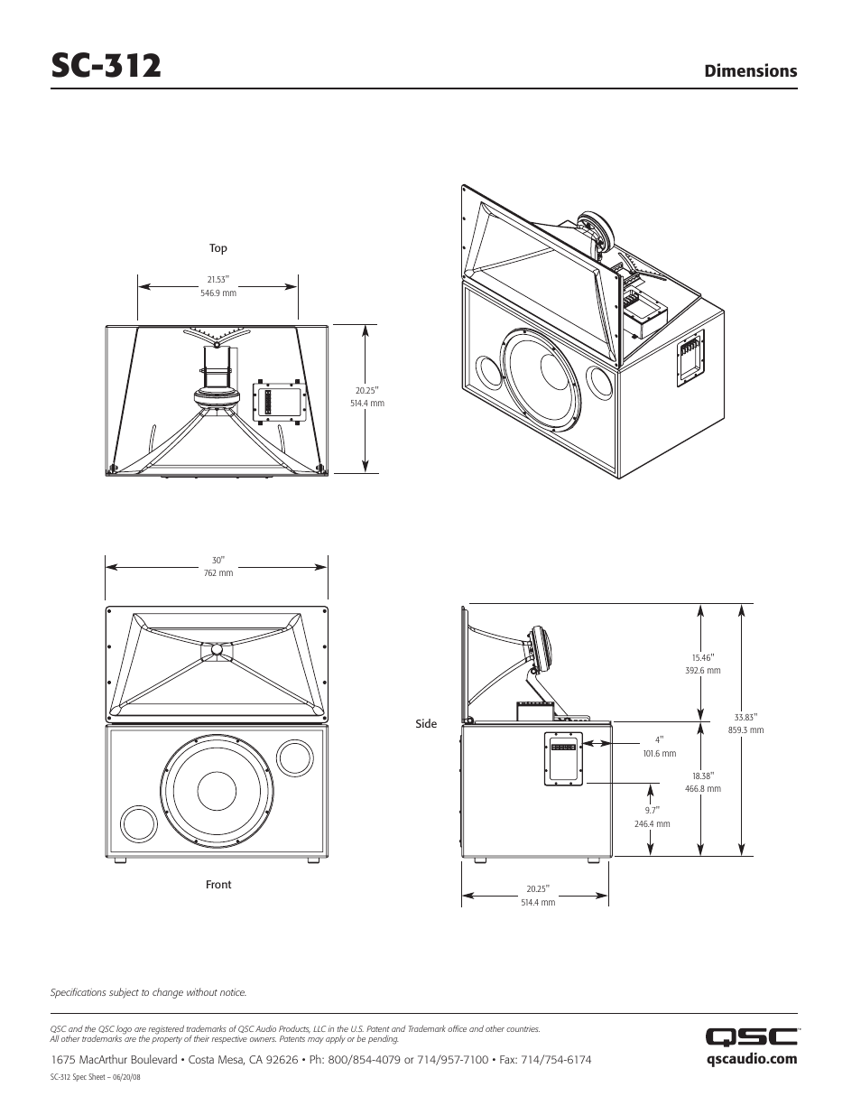 Sc-312, Dimensions | QSC Audio SC-312 User Manual | Page 2 / 2