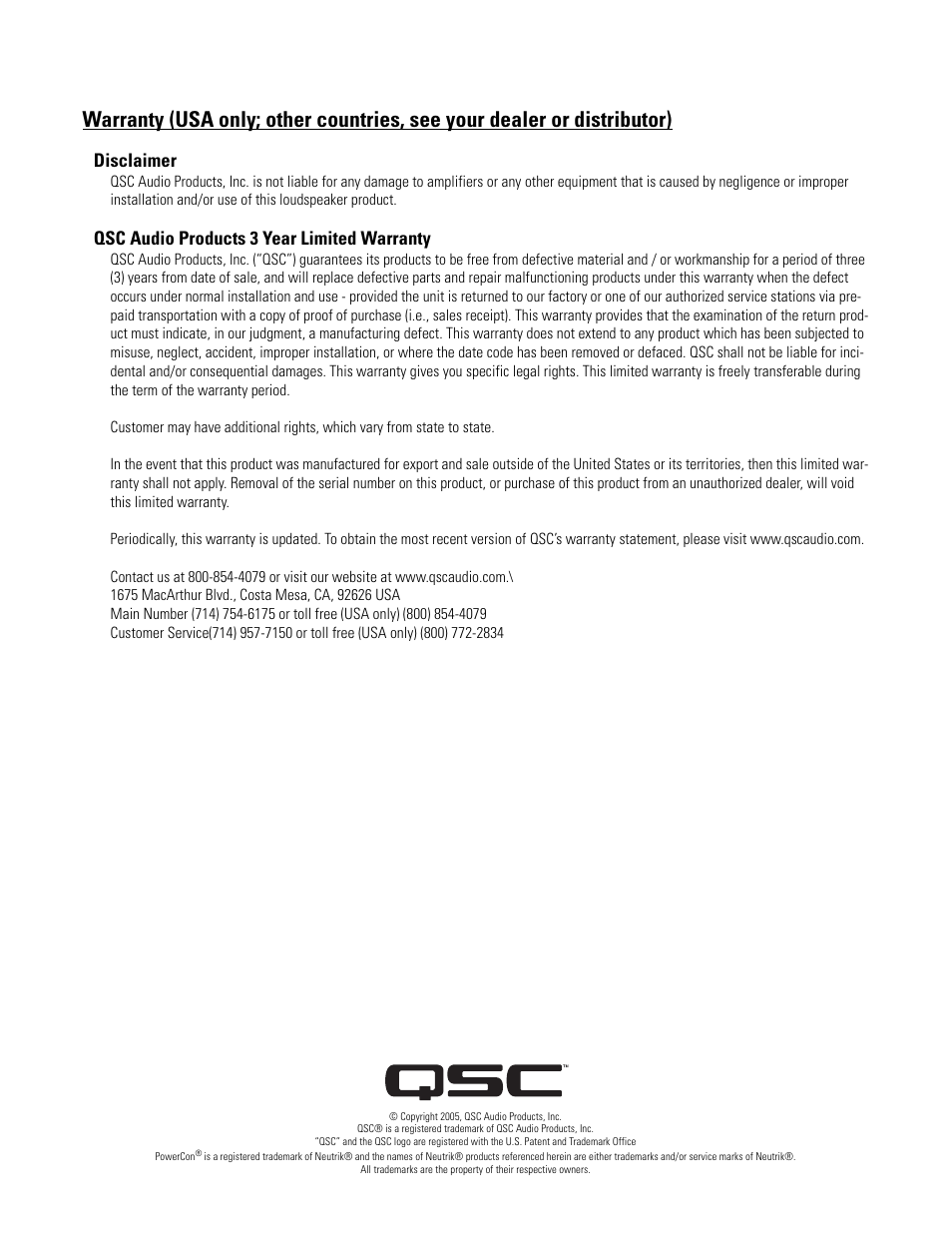Disclaimer, Qsc audio products 3 year limited warranty | QSC Audio MD-FP152/64r User Manual | Page 12 / 12