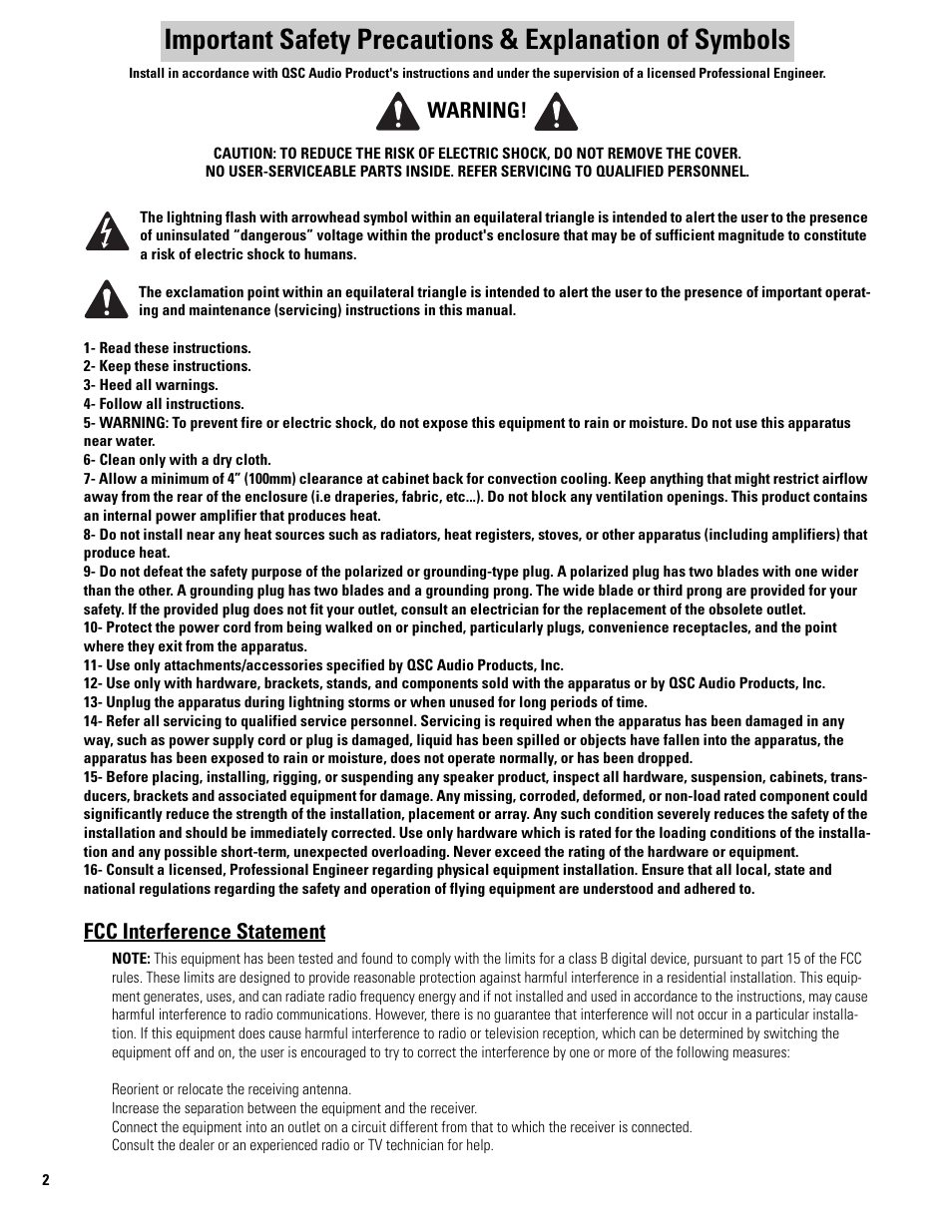 Fcc interference statement, Warning | QSC Audio MD-FP152/64r User Manual | Page 2 / 12