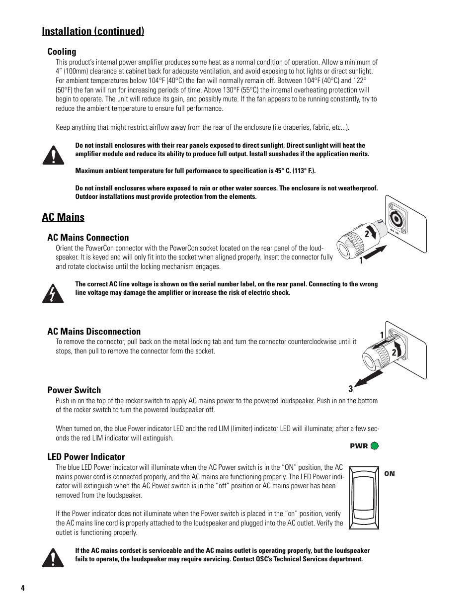 Cooling, Ac mains, Ac mains connection | Ac mains disconnection, Power switch, Led power indicator, Installation (continued) | QSC Audio MD-FP152/64r User Manual | Page 4 / 12