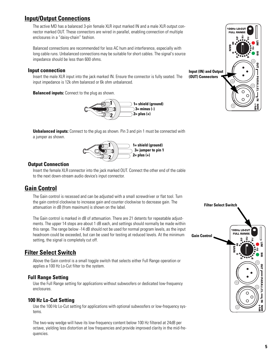 Input/output connections, Input connection, Output connection | Gain control, Filter select switch, Full range setting, 100 hz lo-cut setting | QSC Audio MD-FP152/64r User Manual | Page 5 / 12