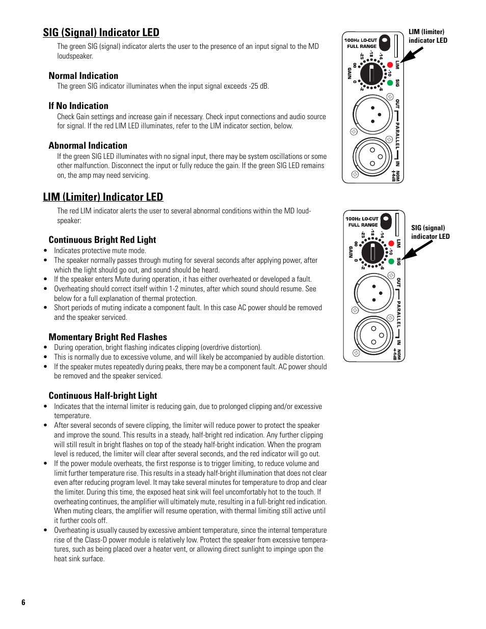 Sig (signal) indicator led, Lim (limiter) indicator led, Continuous bright red light | Momentary bright red flashes, Continuous half-bright light | QSC Audio MD-FP152/64r User Manual | Page 6 / 12