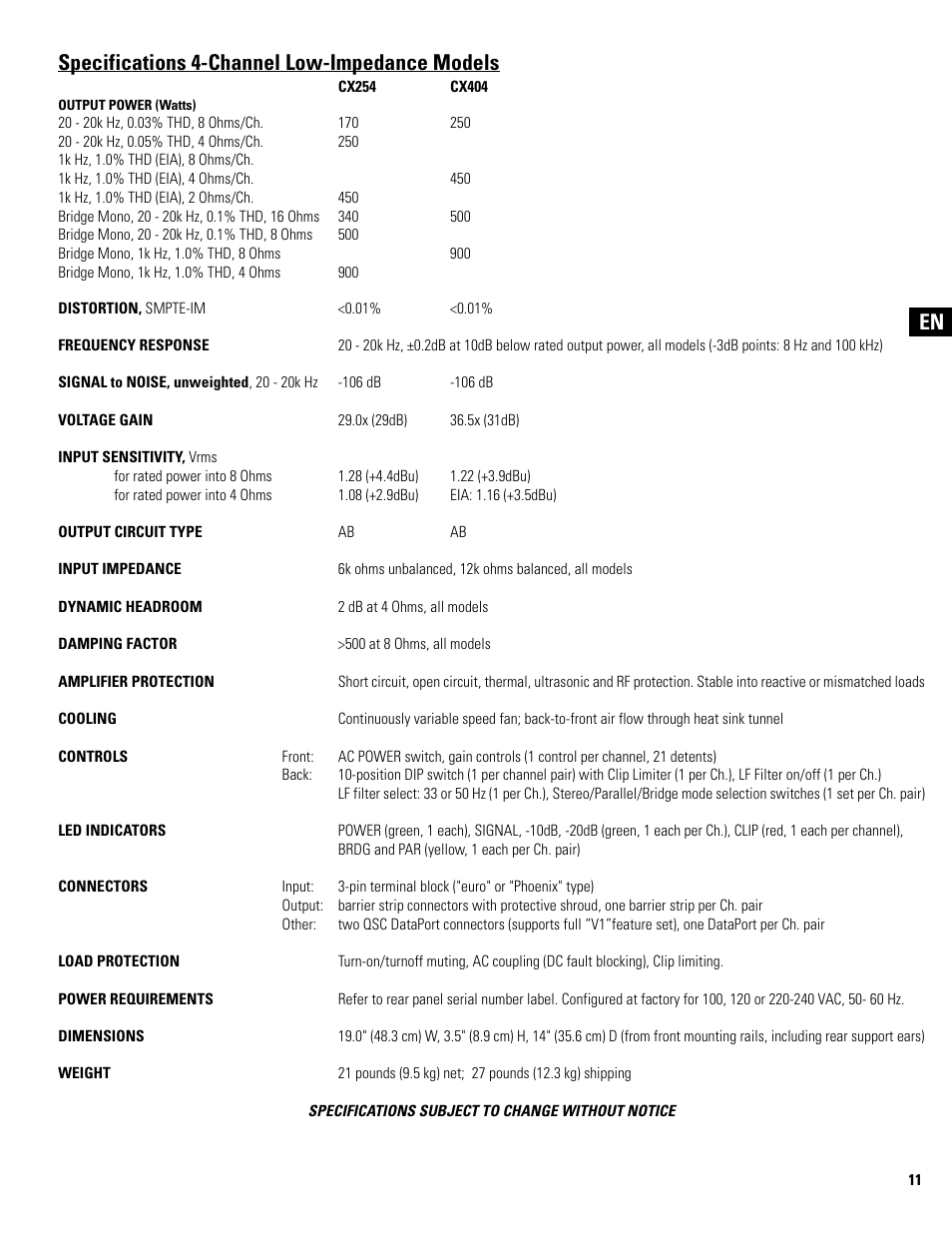 Specifications 4-channel low-impedance models | QSC Audio CX502 User Manual | Page 11 / 52